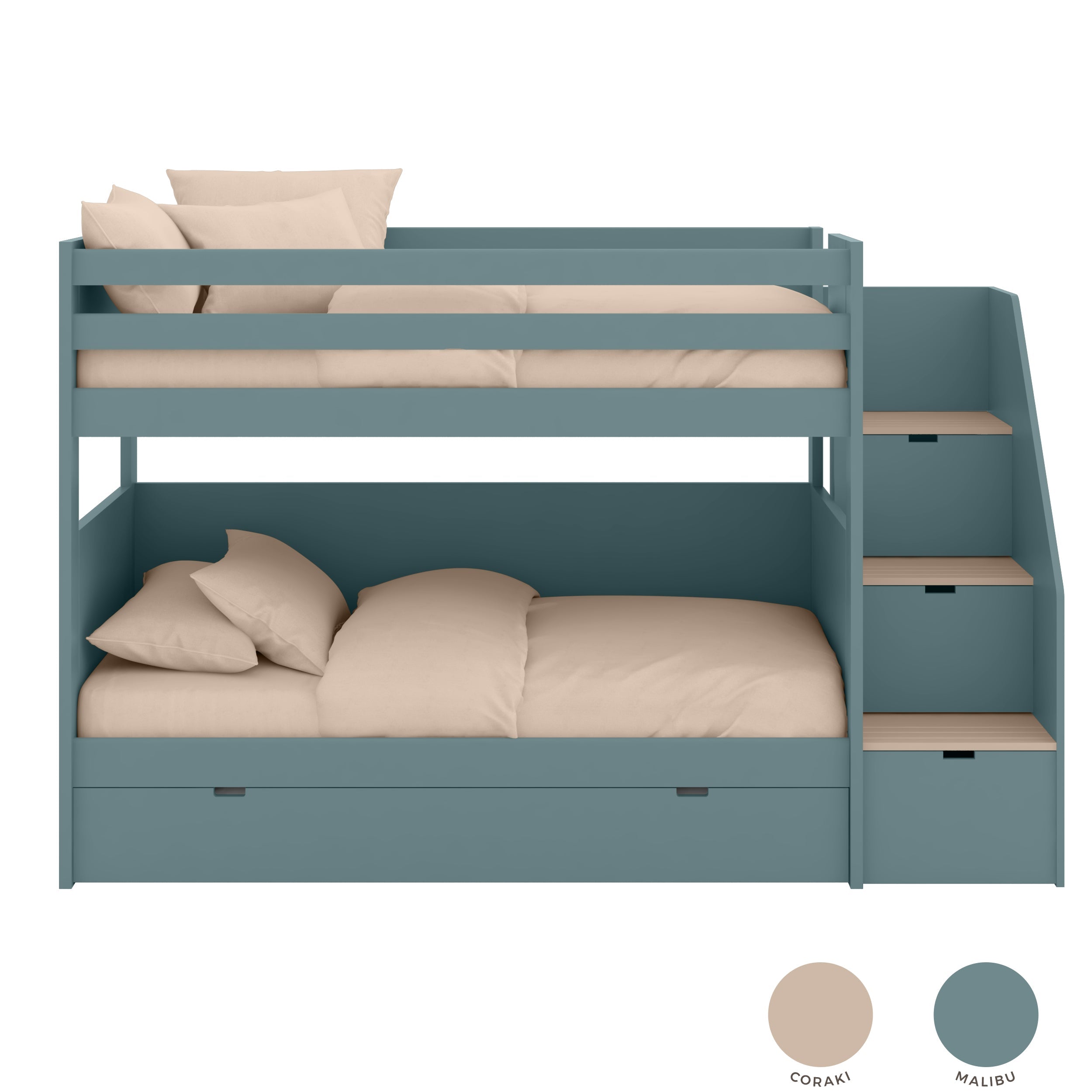 Etagenbett mit Stauraumtreppe, Schubladen und fröhlichem Design mit zwei Seitenfenstern.