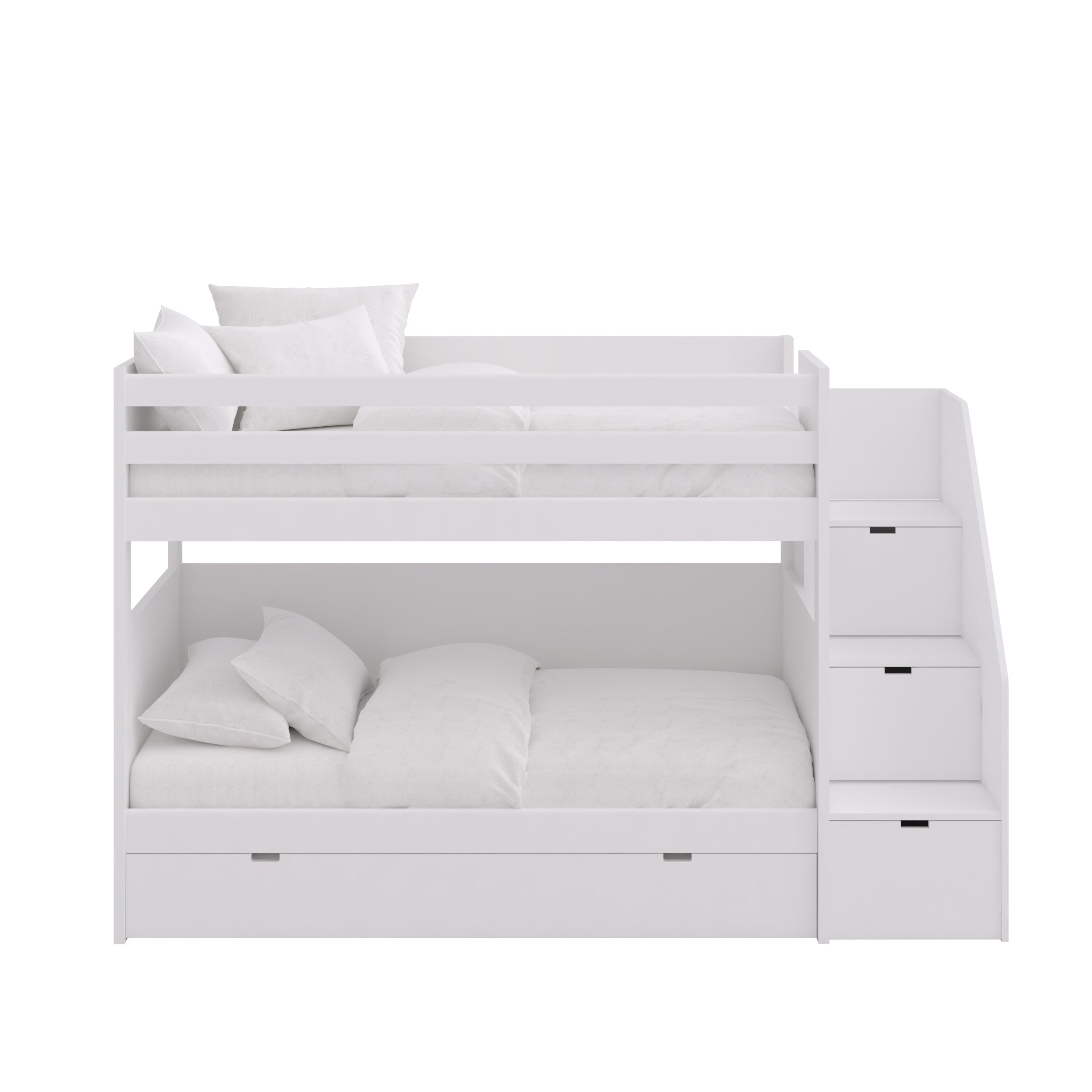 Bunk Bed with Storage Steps and Trundle Bed, featuring a cheerful design with two side windows.